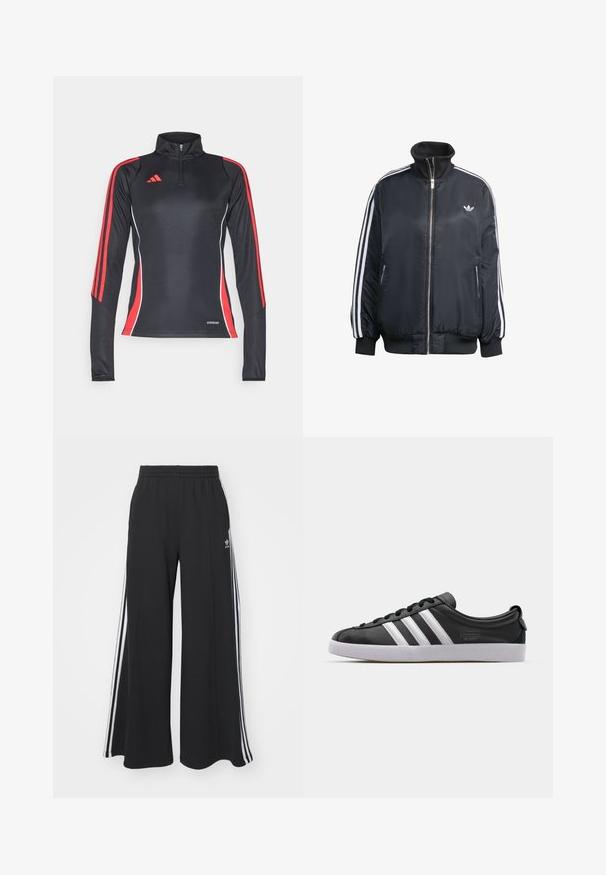 Giacca nera con zip realizzata in tessuto lucido, con strisce verticali bianche sulle maniche, polsini a costine, colletto alto e piccolo logo sul petto.; Maglia sportiva nera a maniche lunghe con strisce laterali rosse, colletto con zip a metà e dettagli bianchi. Etichetta "AEROREADY" sull'orlo.; Pantaloni in felpa neri a gamba larga con vita elastica, dotati di strisce bianche sui lati e un logo ricamato sulla coscia sinistra.; Sneaker in pelle nera con design a tre strisce bianche, punta arrotondata, suola piatta in gomma bianca e dettaglio del marchio sul lato.