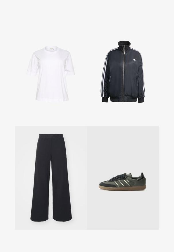Black zip-up jacket made of shiny fabric, featuring white vertical stripes on sleeves, ribbed cuffs, high collar, and small logo on chest.; White short-sleeve cotton T-shirt with a round neckline, relaxed fit, and rolled sleeve cuffs. Smooth texture and minimalistic design.; Black wide-leg sweatpants made from soft fabric, featuring an elastic waistband and a small logo on the left side.; adidas Originals SAMBA OG - Trainers - core black/legend earth/gum