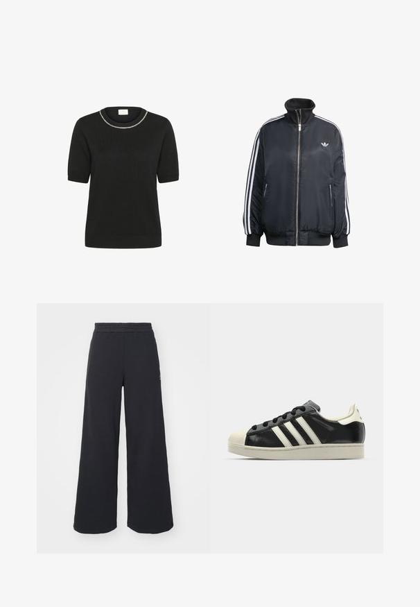 Svart zip-up jacka i glänsande tyg, med vita vertikala ränder på ärmarna, ribbade manschetter, hög krage och liten logo på bröstet.; Kaffe T-shirt med print - black deep; Svarta vida sweatpants tillverkade av mjukt tyg, med ett elastiskt midjeband och en liten logotyp på vänster sida.; Svart lädersneaker med vita ränder, gummitåhätta, svarta snören och en krämfärgad sula. Slät textur med blank yta.