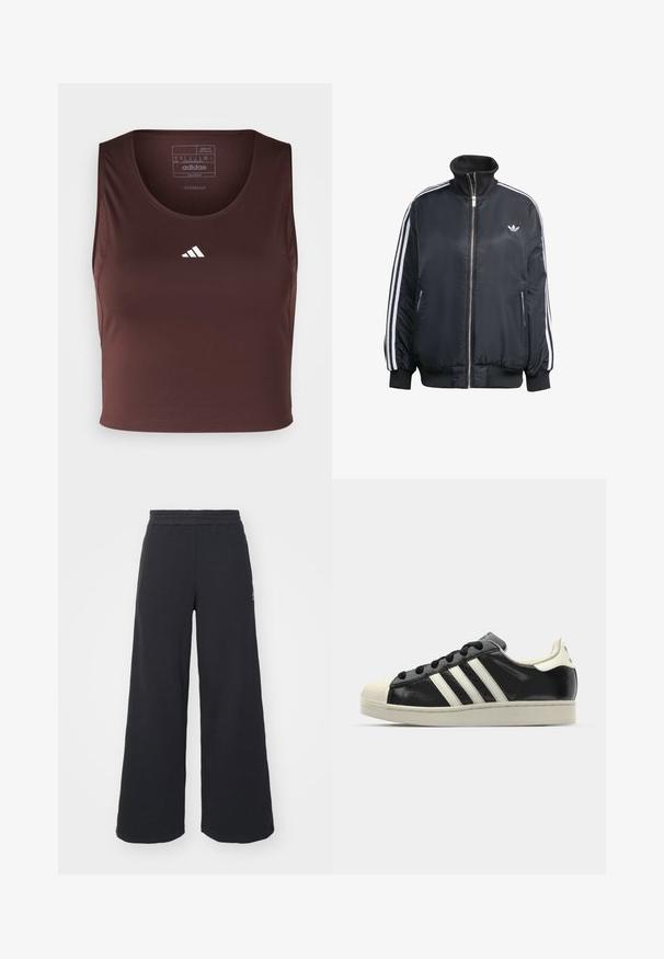 Schwarze zip-up Jacke aus glänzendem Material, mit weißen vertikalen Streifen an den Ärmeln, gerippten Bündchen, hohem Kragen und kleinem Logo auf der Brust.; adidas Performance TECHFIT CROPPED - Top - shadow brown; Schwarze weite Sweatpants aus weichem Material, mit einem elastischen Taillenbund und einem kleinen Logo auf der linken Seite.; Schwarze Ledersneaker mit weißen Streifen, Gummikappe, schwarzen Schnürsenkeln und einer cremefarbenen Sohle. Glatte Textur mit glänzender Oberfläche.