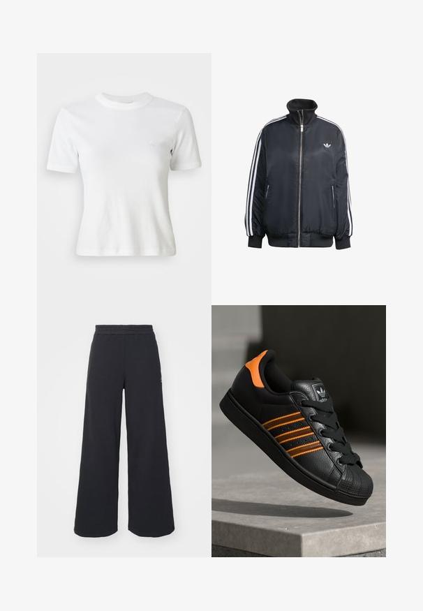 Schwarze zip-up Jacke aus glänzendem Material, mit weißen vertikalen Streifen an den Ärmeln, gerippten Bündchen, hohem Kragen und kleinem Logo auf der Brust.; Weiße, gerippte Kurzarm-T-Shirt mit Rundhalsausschnitt und kleinem Logo auf der Brust. Aus weichem Stoff gefertigt mit taillierter Passform.; Schwarze weite Sweatpants aus weichem Material, mit einem elastischen Taillenbund und einem kleinen Logo auf der linken Seite.; Schwarze Sneaker mit orangen Akzenten, drei horizontalen Streifen, strukturiertem Lederobermaterial, Gummikappe und schwarzen Schnürsenkeln.