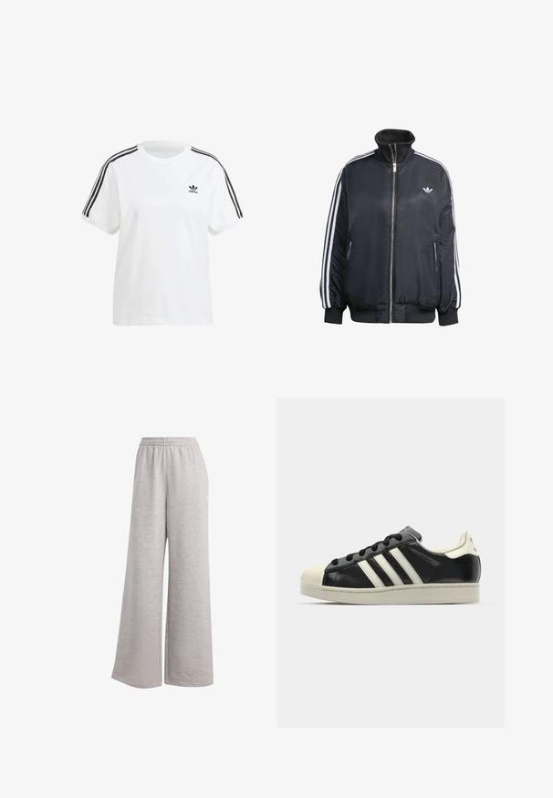 Czarna kurtka zapinana na zamek, wykonana z błyszczącego materiału, z białymi pionowymi paskami na rękawach, ściągaczami na mankietach, wysokim kołnierzem i małym logo na piersi.; Biała bawełniana koszulka z krótkim rękawem, okrągłym dekoltem i czarnymi pionowymi paskami na ramionach, z małym czarnym logo na piersi.; Jasnoszare dresy w luźnym kroju, z elastycznym paskiem w talii i miękką teksturą. Posiadają subtelne logo z jednej strony. Casualowy design.; Czarne skórzane trampki z białymi paskami, gumowym czubkiem, czarnymi sznurówkami i kremową podeszwą. Gładka faktura z połyskującym wykończeniem.