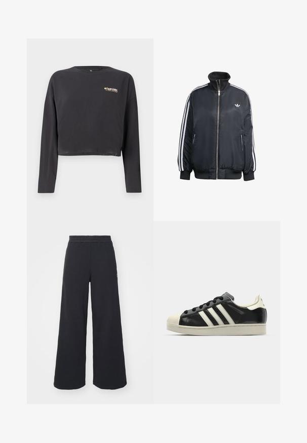 Schwarze zip-up Jacke aus glänzendem Material, mit weißen vertikalen Streifen an den Ärmeln, gerippten Bündchen, hohem Kragen und kleinem Logo auf der Brust.; Gekürztes Langarm-T-Shirt aus dunkelgrauer Baumwolle, mit einem kleinen, mehrfarbigen Rip Curl-Logo auf der Brust und einem lässigen Schnitt.; Schwarze weite Sweatpants aus weichem Material, mit einem elastischen Taillenbund und einem kleinen Logo auf der linken Seite.; Schwarze Ledersneaker mit weißen Streifen, Gummikappe, schwarzen Schnürsenkeln und einer cremefarbenen Sohle. Glatte Textur mit glänzender Oberfläche.
