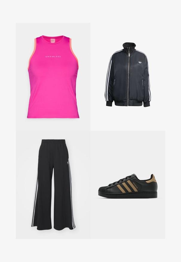 Giacca nera con zip realizzata in tessuto lucido, con strisce verticali bianche sulle maniche, polsini a costine, colletto alto e piccolo logo sul petto.; Endless ESSENTIAL - Top - deep fucsia; Pantaloni in felpa neri a gamba larga con vita elastica, dotati di strisce bianche sui lati e un logo ricamato sulla coscia sinistra.; Sneaker in pelle nera con tre strisce marroni, punta in gomma testurizzata, chiusura con lacci e suola piatta nera. Presenta un logo discreto sul tallone.