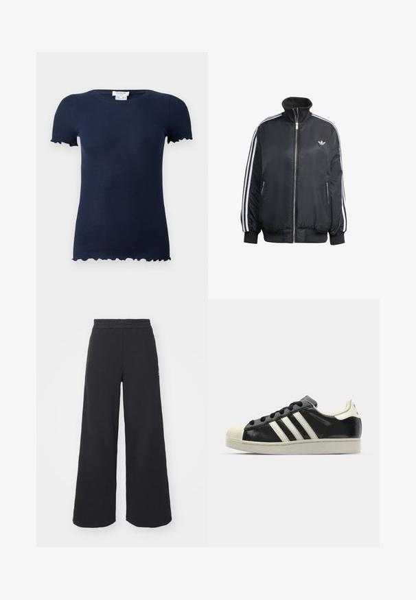 Zwart ritsjack van glanzende stof, met witte verticale strepen op de mouwen, geribbelde manchetten, hoge kraag en klein logo op de borst.; Marineblauw geribd t-shirt met een aansluitend ontwerp, korte mouwen en gegolfde randen bij de mouwuiteinden en onderkant. Zacht, rekbaar materiaal.; Zwarte wijde sweatpants gemaakt van zachte stof, met een elastische tailleband en een klein logo aan de linkerkant.; Zwarte leren sneaker met witte strepen, rubberen teenbescherming, zwarte veters en een crèmekleurige loopzool. Glad oppervlak met een glanzende afwerking.