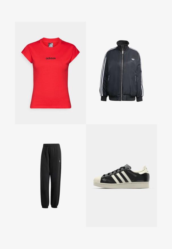 Čierna zipová bunda vyrobená z lesklého materiálu, s bielymi vertikálnymi pruhmi na rukávoch, s rebrovanými manžetami, vysokým golierom a malým logom na hrudi.; Červené priliehavé tričko vyrobené z bavlny s krátkymi rukávmi s vyvrátenými okrajmi a čiernym logom "adidas" na hrudi. Hladký povrch a okrúhly výstrih.; Čierne tepláky vyrobené z mäkkej, textúrovanej tkaniny. Obsahujú elastický pás, manžety a malé biele logo blízko bedra.; Čierne kožené tenisky s bielymi pruhmi, gumenou špičkou, čiernymi šnúrkami a krémovobielou podrážkou. Hladký povrch s lesklým finišom.