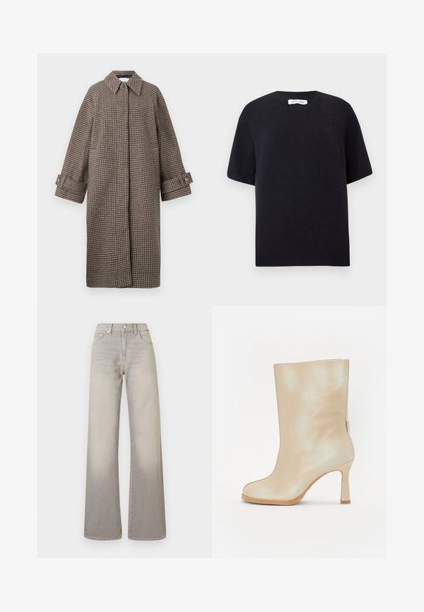 Rudas houndstooth paltas su apykakle, mygtukų uždarymu ir plačiomis rankovėmis. Turi A formos siluetą ir tekstūruotą medžiagą.; Juodas megztinis trumpomis rankovėmis su apvaliu iškirpimu ir nendriniu kraštu. Sklandžias tekstūra ir laisvas kirpimas. Minimalistinis dizainas.; Pilki plačių kojų džinsai su išblukusiu apdailos efektu, mygtukų uždarymu, penkių kišenių dizainu ir siuvinėjimu palei siūles.; Bežinės odinės aulinės botai su blizgiu paviršiumi, migdolų formos pirštu ir stiletto kulnu. Pasižymi lygia tekstūra ir minimalistiniu dizainu.