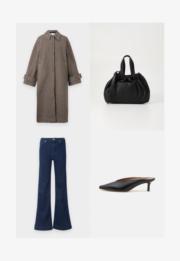 Brown houndstooth coat with a collar, button closure, and wide sleeves. Features an A-line silhouette and textured fabric.; Black knitted short-sleeve sweater with a round neckline and ribbed hem. Smooth texture with a relaxed fit. Minimalist design.; Dark blue flared jeans made from denim, featuring a high waist, subtle whiskering, and gold hardware on the front pockets and closure.; Black leather mules with a pointed toe and low, block heel. Smooth texture with a sleek design. Open back with minimal detailing.; Black leather handbag with a gathered top design, featuring two short handles and a long adjustable strap. Smooth texture, rounded shape.
