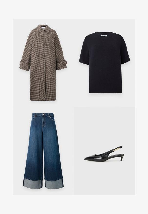 Brūns houndstooth mētelis ar apkakli, pogu aizdari un platiem piedurkņu galiem. Izceļas ar A-line siluetu un teksturētu audumu.; Melns adīts īsām piedurknēm džemperis ar apaļu kakla izgriezumu un ribota apakšmala. Gluda struktūra ar brīvu piegriezumu. Minimālisma dizains.; Platleņķa denima džinsi tumšā mazgā ar nolietotu apdari. Iekļauj neapstrādāto malu un gaišā džinsa aproci. Ietver priekšējās kabatas un pogu aizdari.; Melnas ādas slingback zābaki ar smailu purngalu, ar šauru papēdi un zelta krāsas akcentu uz regulējama siksniņas. Gluda tekstūra.