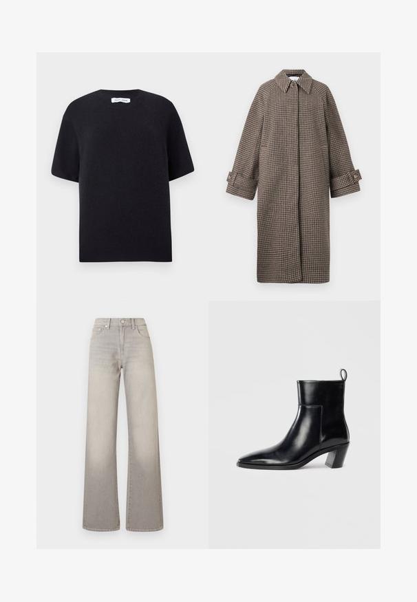 Manteau à chevrons marron avec col, fermeture à boutons et manches larges. Présente une silhouette en A et un tissu texturé.; Pull court en maille noire à manches courtes avec un col rond et un ourlet côtelé. Texture lisse avec une coupe décontractée. Design minimaliste.; Jean large gris avec une finition délavée, fermeture à bouton, design à cinq poches et coutures conçues le long des coutures.; Bottine en cuir noir avec un bout pointu, un talon empilé géométrique et une languette à l'arrière. Texture lisse et design épuré.