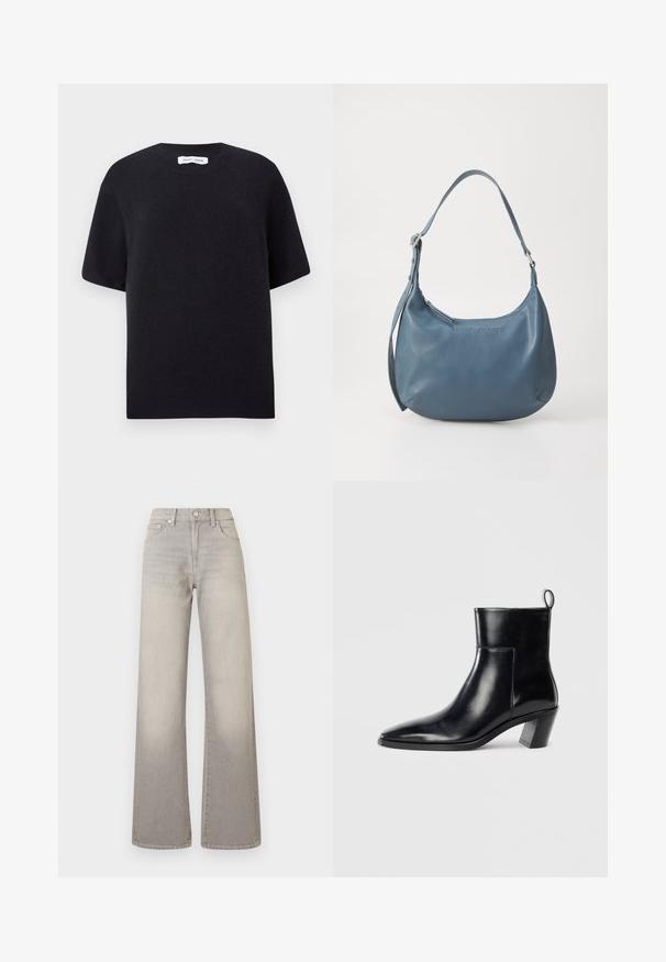Abrigo de cuadros marrón con cuello, cierre de botones y mangas amplias. Presenta una silueta en A y una tela texturizada.; Suéter negro de punto de manga corta con un escote redondo y un dobladillo acanalado. Textura suave con un ajuste relajado. Diseño minimalista.; Jeans de pierna ancha grises con un acabado desgastado, cierre de botón, diseño de cinco bolsillos y costuras decorativas a lo largo de las costuras.; Botín de piel negra hasta el tobillo con punta afilada, tacón apilado geométrico y una lengüeta en la parte posterior. Textura suave y diseño elegante.; Bolso de piel azul con forma redondeada, correa de hombro única, cierre de cremallera y nombre de la marca en relieve en la parte frontal. Textura suave.