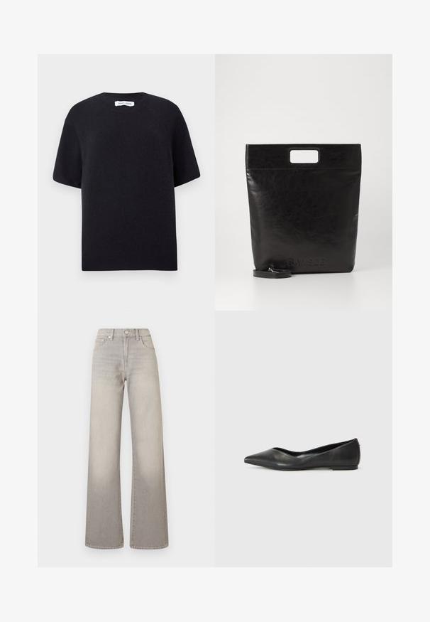 Brauner Hahnentrittmantel mit Kragen, Knopfverschluss und weiten Ärmeln. Verfügt über eine A-Linien-Silhouette und strukturierte Stoffqualität.; Schwarzer, gestrickter Pullover mit kurzen Ärmeln, rundem Halsausschnitt und geripptem Saum. Glatte Textur mit lässiger Passform. Minimalistisches Design.; Graue weit geschnittene Jeans mit einem verblassten Finish, Knopfverschluss, fünf Taschen und gestickten Details entlang der Nähte.; Schwarze Leder-Ballerinas mit spitzem Zehenbereich, niedrigem Absatz und glatter Textur. Minimalistisches Design mit einem dezenten seitlichen Akzent.; Schwarze Leder-Tote-Tasche mit einem quadratischen Griff, ausgestattet mit einer strukturierten Oberfläche und geprägtem Logo. Inklusive abnehmbarem Tragegurt.