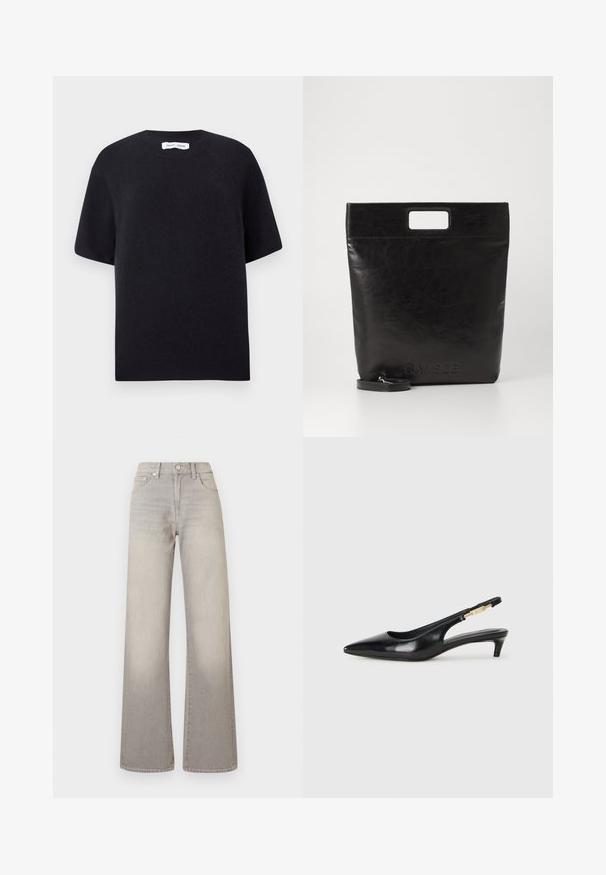 Brown houndstooth coat with a collar, button closure, and wide sleeves. Features an A-line silhouette and textured fabric.; Black knitted short-sleeve sweater with a round neckline and ribbed hem. Smooth texture with a relaxed fit. Minimalist design.; Gray wide-leg jeans with a faded finish, button closure, five-pocket design, and stitched detailing along the seams.; Black leather slingback heels with a pointed toe, featuring a slim heel and a gold-tone accent on the adjustable strap. Smooth texture.; Black leather tote bag with a square handle, featuring a textured finish and embossed logo. Includes a detachable strap.