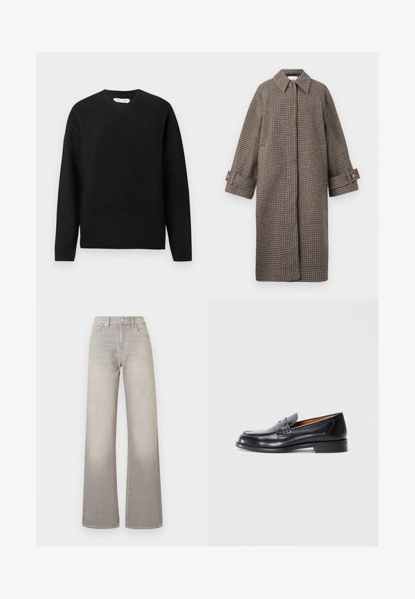 Brown houndstooth coat with a collar, button closure, and wide sleeves. Features an A-line silhouette and textured fabric.; Black v-neck sweater in a soft, wool blend, featuring long sleeves and ribbed cuffs and hem. Simple, classic design without patterns or accents.; Gray wide-leg jeans with a faded finish, button closure, five-pocket design, and stitched detailing along the seams.; Black leather loafer with a rounded toe, stitched detailing, and a smooth texture. Features a low heel and slip-on design.