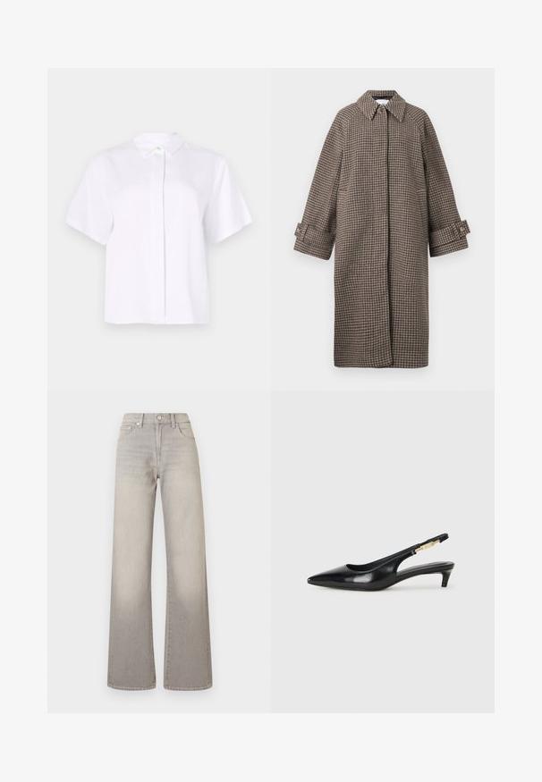 Cămașă cu pattern houndstooth de culoare maro, cu guler, închidere cu nasturi și mâneci largi. Prezintă o siluetă în formă de A și un material texturat.; Cămașă albă cu mânecă scurtă, realizată dintr-un material neted, având un guler ascuțit și un plastron cu nasturi, cu un nasture de accent verde.; Jeans largi gri cu un finisaj decolorat, închidere cu buton, design cu cinci buzunare și detalii cusute pe cusături.; Sandale slingback din piele neagră cu vârf ascuțit, având un toc subțire și un accent de culoare aurie pe curea ajustabilă. Textură netedă.