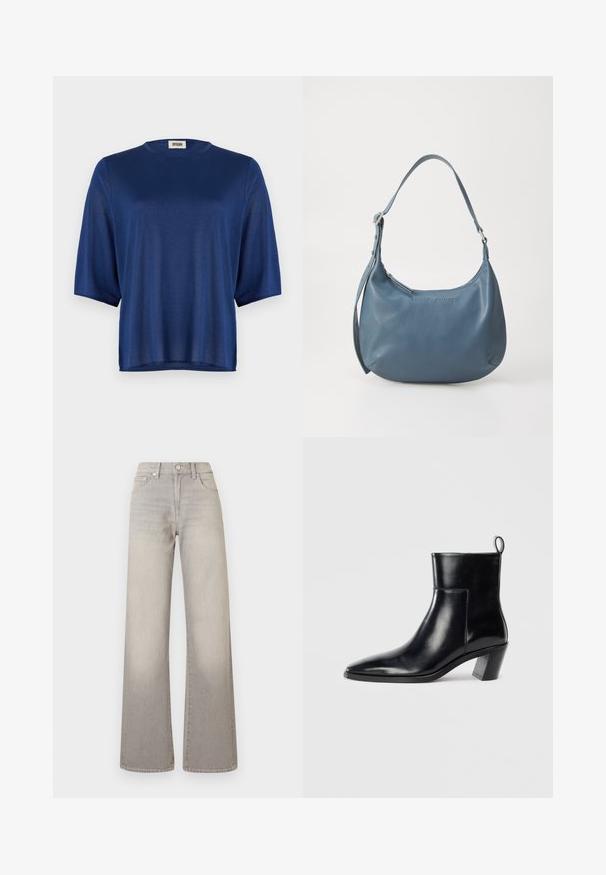 Casaco castanho com padrão pied-de-poule, colarinho, fecho de botão e mangas largas. Apresenta uma silhueta em A e tecido texturizado.; Top azul-marinho de manga curta feito de tecido suave, com decote redondo e um corte solto. Design simples, sem padrões ou adornos.; Jeans largos cinzentos com um acabamento desbotado, fecho de botão, design de cinco bolsos e detalhes costurados ao longo das costuras.; Botim de cano baixo em couro preto com bico pontiagudo, um salto geométrico empilhado e uma alça na parte de trás. Textura suave e design elegante.; Bolsa de couro azul com formato arredondado, alça única para o ombro, fecho em zíper e nome da marca em relevo na parte da frente. Textura suave.