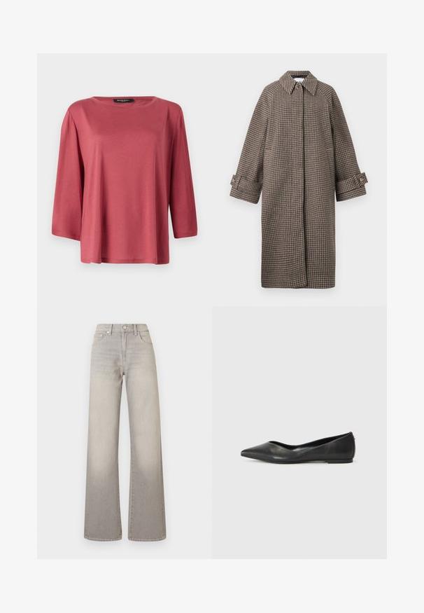 Brown houndstooth coat with a collar, button closure, and wide sleeves. Features an A-line silhouette and textured fabric.; Loose-fitting, round-neck top in a solid coral color. Features three-quarter length sleeves and a smooth, lightweight fabric.; Gray wide-leg jeans with a faded finish, button closure, five-pocket design, and stitched detailing along the seams.; Black leather ballet flat with a pointed toe, low heel, and smooth texture. Minimal design with a subtle side accent.