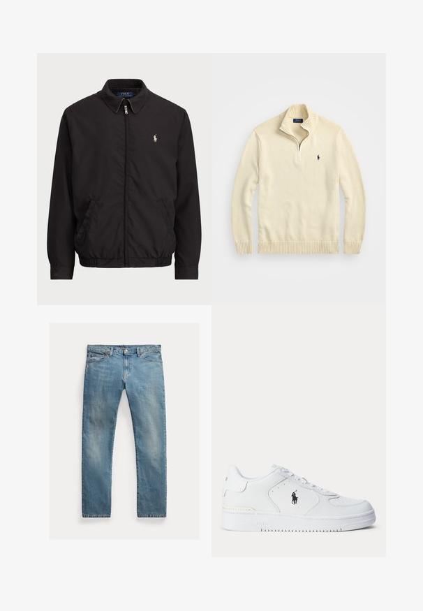 Črna jakna z zadrgo in klasičnim ovratnikom, z elastiko na manšetah in robu, ki ima majhen vezen logotip na levem žepu.; Kremna zip-up jopica iz pletenega materiala, s potrjenim ovratnikom in hemom ter majhnim izvezenim logotipom v temno modri barvi na prsih.; Svetlo modri jeans s ravnim krojem, z gumbi za zapiranje, petimi žepi, subtilnim zbledelostjo in šivi. ; Bela športna čevelj s teksturirano usnjeno zgornjico, okroglo konico, ravnimi vezalkami in črnim logotipom na strani. Gumijast podplat z vzorcem za oprijem.