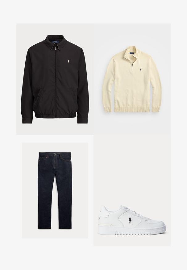 Črna jakna z zadrgo in klasičnim ovratnikom, z elastiko na manšetah in robu, ki ima majhen vezen logotip na levem žepu.; Kremna zip-up jopica iz pletenega materiala, s potrjenim ovratnikom in hemom ter majhnim izvezenim logotipom v temno modri barvi na prsih.; Temno modre kavbojke z ravnim krojem, petimi žepi, oranžnim šivom in zapiranjem na gumbe. Tkanina ima gladko teksturo.; Bela športna čevelj s teksturirano usnjeno zgornjico, okroglo konico, ravnimi vezalkami in črnim logotipom na strani. Gumijast podplat z vzorcem za oprijem.