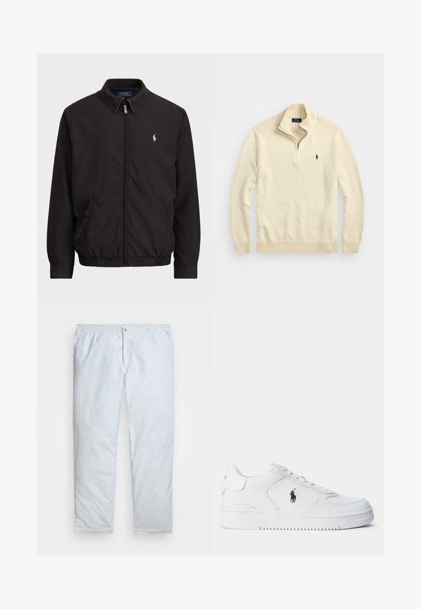 Casaco preto com fecho zip, com colarinho clássico, punhos e bainha elásticos, apresentando um pequeno logótipo bordado no bolso esquerdo do peito.; Sweater creme com fecho éclair, feito de tecido tricotado, com um colarinho e bainha canelados, e um pequeno logótipo bordado em azul escuro no peito.; Calças listradas em azul claro, feitas de um tecido leve. Apresentam uma cintura elástica com fecho de botão e pernas retas.; Sapatilha atlética branca com parte superior em couro texturizado, biqueira redonda, atacadores planos e um logótipo preto na lateral. Sola de borracha com padrão de tração.