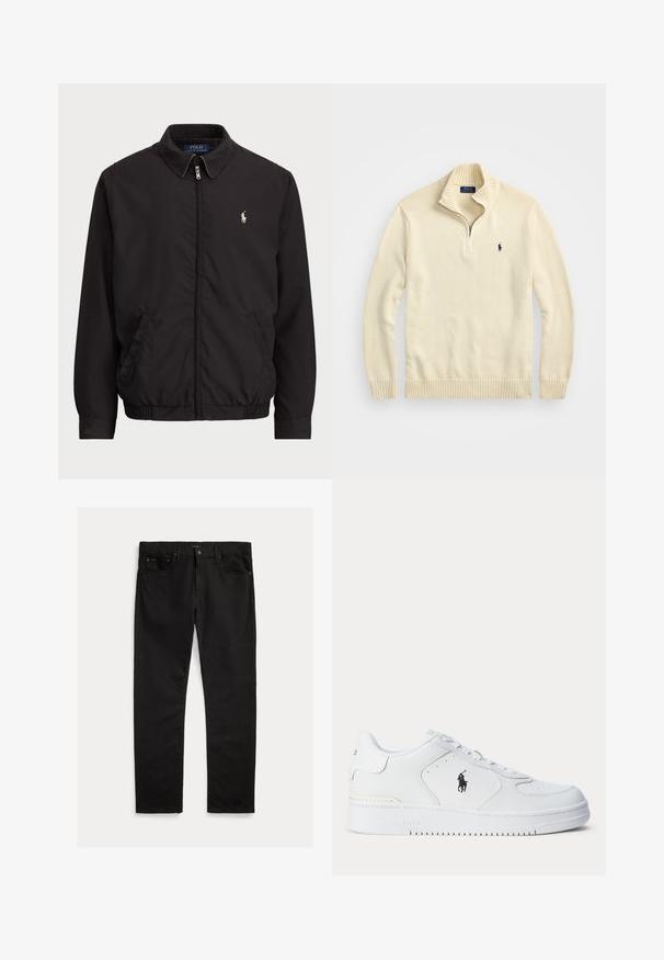 Casaco preto com fecho zip, com colarinho clássico, punhos e bainha elásticos, apresentando um pequeno logótipo bordado no bolso esquerdo do peito.; Sweater creme com fecho éclair, feito de tecido tricotado, com um colarinho e bainha canelados, e um pequeno logótipo bordado em azul escuro no peito.; Jeans de ganga pretos com corte de perna reta, design de cinco bolsos e textura subtil. Detalhe de fecho com botão de metal e abertura com fecho de correr.; Sapatilha atlética branca com parte superior em couro texturizado, biqueira redonda, atacadores planos e um logótipo preto na lateral. Sola de borracha com padrão de tração.