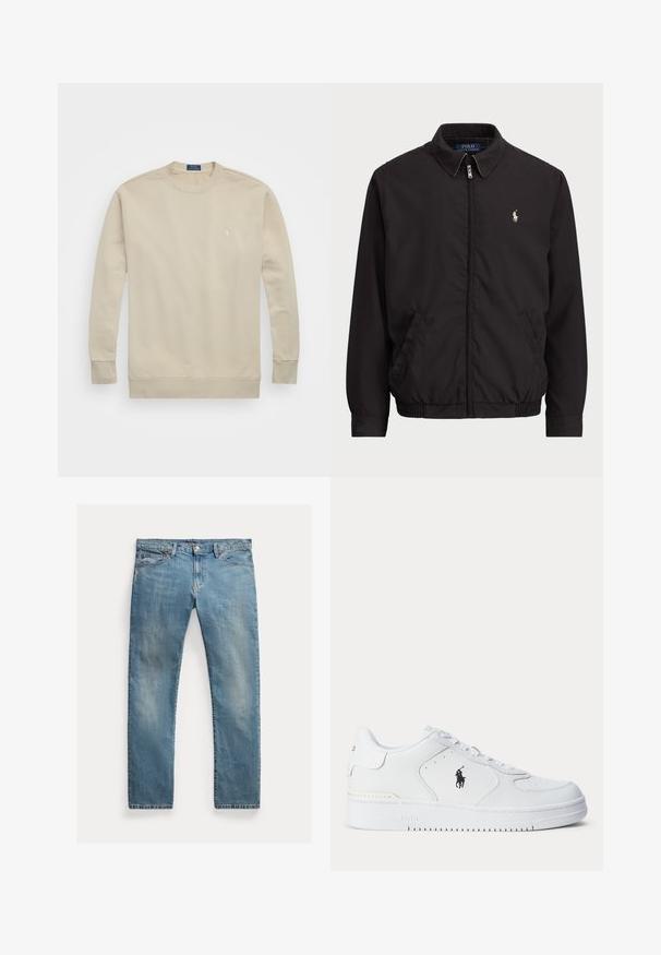 Black zip-up jacket with a classic collar, elasticated cuffs and hem, featuring a small embroidered logo on the left chest pocket.; Beige crew neck sweatshirt made of cotton blend, featuring ribbed cuffs and hem, with a small embroidered logo on the chest.; Light blue denim jeans with a straight cut, button-fly closure, five pockets, subtle fading, and stitching accents.; White athletic shoe with a textured leather upper, round toe, flat laces, and a black logo on the side. Rubber sole with traction pattern.