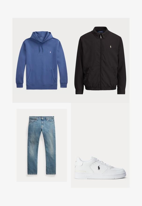 Juodas zip-up džemperis su klasikiniu apykakle, elastingomis rankogaliais ir apačia, su mažuoju siuvinėtu logotipu kairiajame krūtinės kišenėje.; Mėlyna medvilnės mišinio kapučinas, turintis kengūros kišenę, gumuotas rankogalis ir siuvinėtas logo ant krūtinės. Reguliuojamas raištelis ant kapučino.; Šviesiai mėlynos džinsinės kelnės su tiesia kirpimu, mygtukų užsegimu, penkiais kišenėmis, švelnia nublukimu ir siūlų akcentais.; Balti sportiniai batai su tekstūruota odine viršutine dalimi, apvalia nosimi, plokščia raištelių sistema ir juodu logotipu šone. Guminis padas su sukibimo raštu.