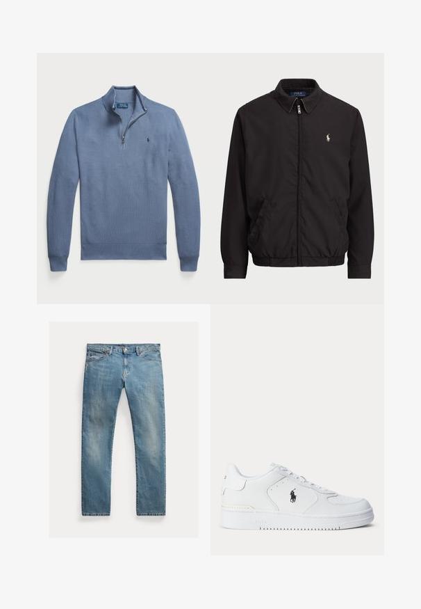 Juodas zip-up džemperis su klasikiniu apykakle, elastingomis rankogaliais ir apačia, su mažuoju siuvinėtu logotipu kairiajame krūtinės kišenėje.; Šviesiai mėlynas megztinis su užtrauktuku apykaklėje, raukšlėtais rankogaliais ir apačia, su tekstūruotu raštu ir mažu logotipu kairėje krūtinės pusėje.; Šviesiai mėlynos džinsinės kelnės su tiesia kirpimu, mygtukų užsegimu, penkiais kišenėmis, švelnia nublukimu ir siūlų akcentais.; Balti sportiniai batai su tekstūruota odine viršutine dalimi, apvalia nosimi, plokščia raištelių sistema ir juodu logotipu šone. Guminis padas su sukibimo raštu.