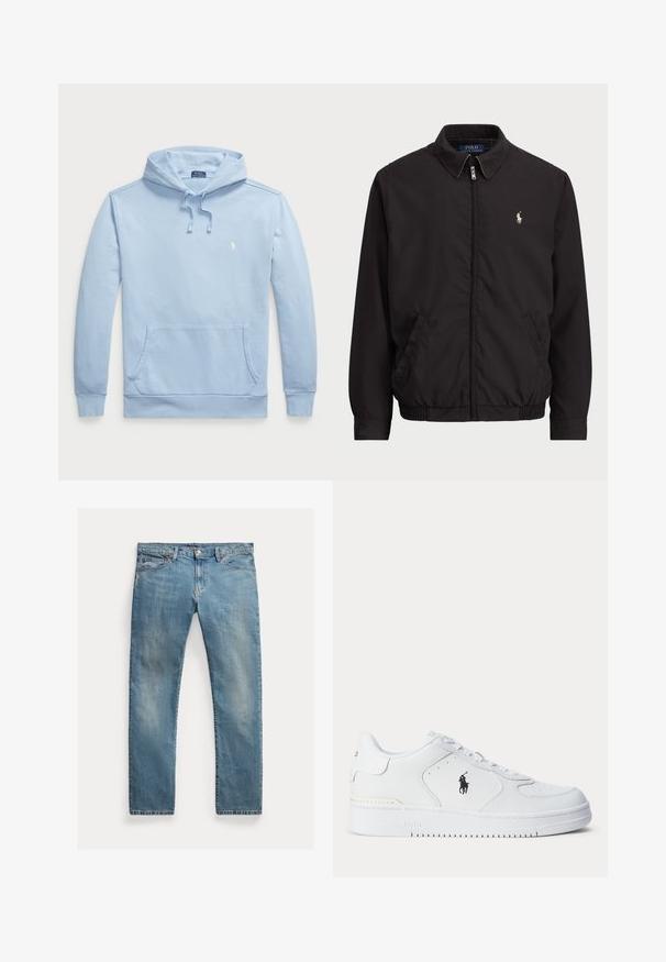Black zip-up jacket with a classic collar, elasticated cuffs and hem, featuring a small embroidered logo on the left chest pocket.; Polo Ralph Lauren Big & Tall LOOPBACK FLEECE HOODIE - Sweatshirt - light blue; Light blue denim jeans with a straight cut, button-fly closure, five pockets, subtle fading, and stitching accents.; White athletic shoe with a textured leather upper, round toe, flat laces, and a black logo on the side. Rubber sole with traction pattern.