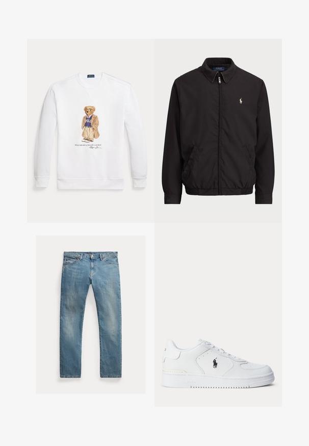 Casaco preto com fecho zip, com colarinho clássico, punhos e bainha elásticos, apresentando um pequeno logótipo bordado no bolso esquerdo do peito.; Sweatshirt branco com um urso de desenho animado vestido com um blazer e um suéter. O urso usa óculos, com o texto "POLO" no suéter abaixo da ilustração.; Jeans de denim azul claro com corte reto, fecho de botão, cinco bolsos, desbotamento subtil epontos de costura.; Sapatilha atlética branca com parte superior em couro texturizado, biqueira redonda, atacadores planos e um logótipo preto na lateral. Sola de borracha com padrão de tração.