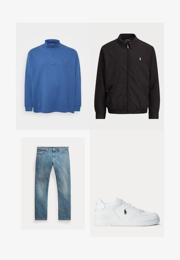 Svart zip-up jakke med klassisk krage, elastiske mansjetter og hem, med liten brodert logo på venstre brystlomme.; Blå hettegenser med glidelås laget av mykt stoff, med lange ermer, høy krage og en liten logo på brystet. Strukturert design over hele plagget.; Lyseblå denimjeans med rett snitt, glidelås med knapper, fem lommer, subtil falming og stikningsdetaljer.; Hvit sportsko med teksturert skinnoverdel, rund tå, flate lisser og en svart logo på siden. Gummisåle med mønster for grep.