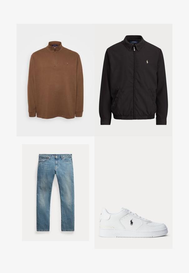 Svart zip-up jakke med klassisk krage, elastiske mansjetter og hem, med liten brodert logo på venstre brystlomme.; Brun langermet polo med høy krage, med en kvart glidelås. Myk tekstur med en liten logo aksent på brystet.; Lyseblå denimjeans med rett snitt, glidelås med knapper, fem lommer, subtil falming og stikningsdetaljer.; Hvit sportsko med teksturert skinnoverdel, rund tå, flate lisser og en svart logo på siden. Gummisåle med mønster for grep.