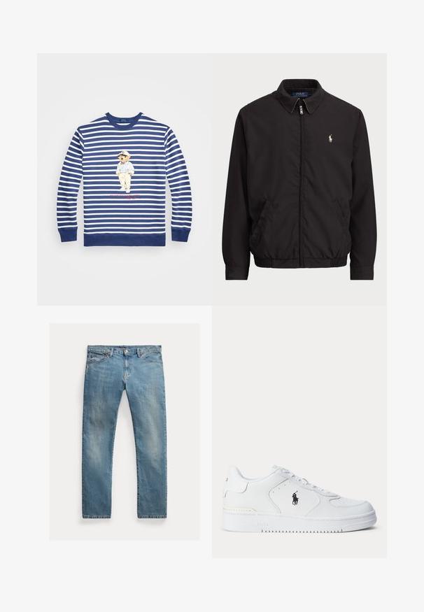 Black zip-up jacket with a classic collar, elasticated cuffs and hem, featuring a small embroidered logo on the left chest pocket.; Polo Ralph Lauren Big & Tall POLO BEAR STRIPED FLEECE SWEATSHIRT - Sweatshirt - light navy/deckwash white; Light blue denim jeans with a straight cut, button-fly closure, five pockets, subtle fading, and stitching accents.; White athletic shoe with a textured leather upper, round toe, flat laces, and a black logo on the side. Rubber sole with traction pattern.