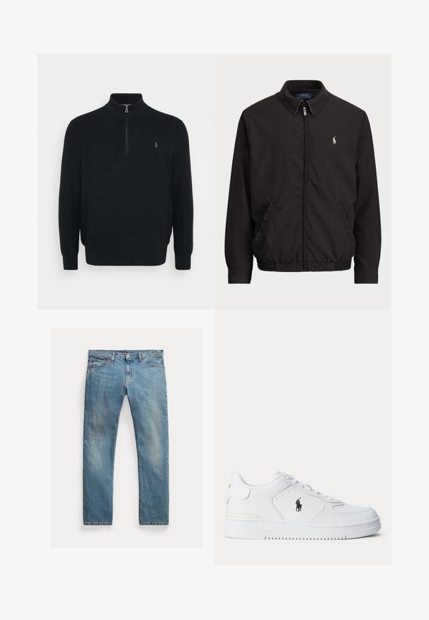 Melna aizdare uz rāvējslēdzēja jaka ar klasisku apkakli, elastīgiem piedurknēm un apakšmalu, ar mazu izšuvumu kreisajā krūšu kabatā.; Polo Ralph Lauren Big & Tall MESH-KNIT COTTON QUARTER-ZIP JUMPER - Džemperis - black; Gai zilu denima bikses ar taisnu griezumu, pogu aizdari, piecām kabatām, mazu izbalējumu un piktošu akcentu.; Balts sporta apavu ar teksturētu ādas augšu, apaļu purngalu, plakaniem auklām un melnu logotipu sānos. Gumijas zolīte ar saķeres rakstu.