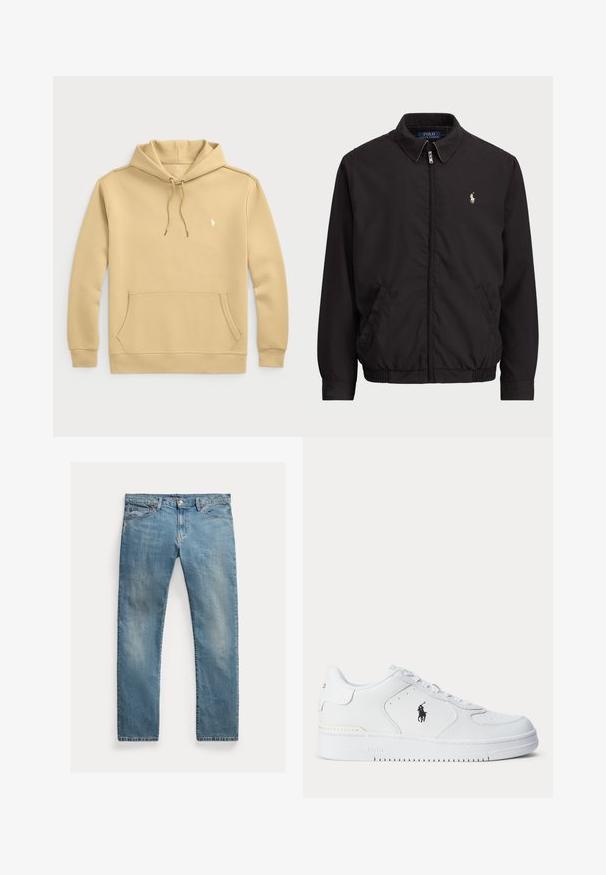 Melna aizdare uz rāvējslēdzēja jaka ar klasisku apkakli, elastīgiem piedurknēm un apakšmalu, ar mazu izšuvumu kreisajā krūšu kabatā.; Hoodija gaiši bēšā krāsā, no kokvilnas maisījuma auduma. Iespējo kangarū maisiņu, regulējamu auklu un mazu logotipu uz krūtīm.; Gai zilu denima bikses ar taisnu griezumu, pogu aizdari, piecām kabatām, mazu izbalējumu un piktošu akcentu.; Balts sporta apavu ar teksturētu ādas augšu, apaļu purngalu, plakaniem auklām un melnu logotipu sānos. Gumijas zolīte ar saķeres rakstu.