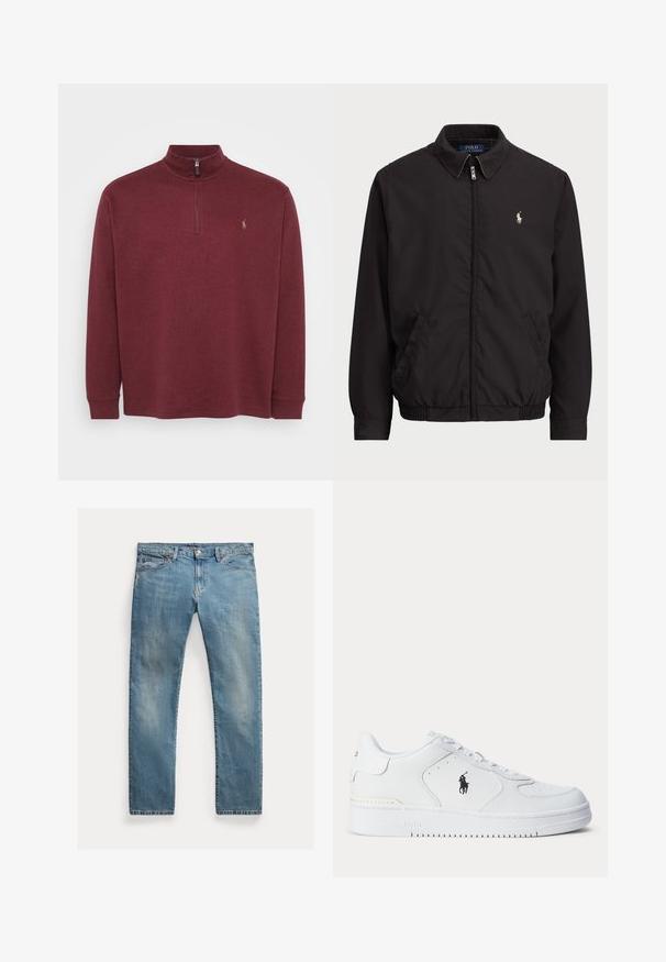 Svart zip-up jakke med klassisk krage, elastiske mansjetter og hem, med liten brodert logo på venstre brystlomme.; Burgunderrød langermet genser med kvart-glidelås og ribbestrikkede mansjetter. Har en liten logo på brystet. Mykt, strukturert materiale.; Lyseblå denimjeans med rett snitt, glidelås med knapper, fem lommer, subtil falming og stikningsdetaljer.; Hvit sportsko med teksturert skinnoverdel, rund tå, flate lisser og en svart logo på siden. Gummisåle med mønster for grep.