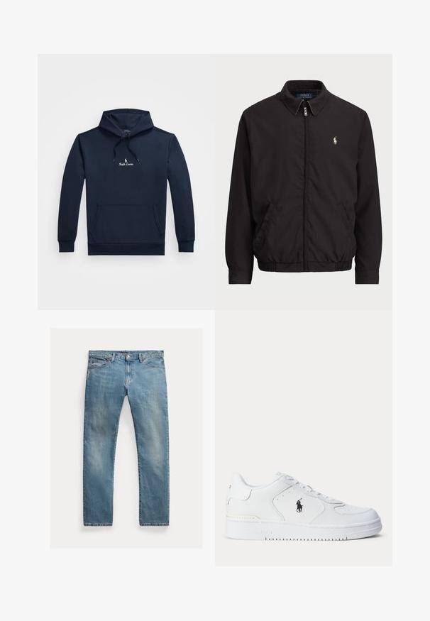 Jachetă neagră cu fermoar, cu guler clasic, manșete și tiv elastic, având un mic logo brodat pe buzunarul stâng al pieptului.; Hanorac bleumarin cu buzunar frontal, glugă cu șnur ajustabil și un mic logo alb Ralph Lauren centrat pe piept.; Jeans din denim de un albastru deschis, cu croială dreaptă, închidere cu buton, cinci buzunare, estompare subtilă și accente de cusătură.; Pantof sport alb cu partea superioară din piele texturată, vârf rotund, șireturi plate și un logo negru pe lateral. Talpă de cauciuc cu model antiderapant.