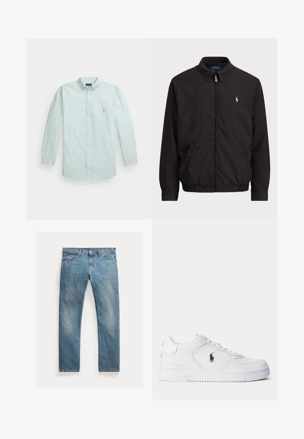 Černá zipová bunda s klasickým límcem, elastickými manžetami a lemem, s malým vyšitým logem na levé kapse.; Světle modrá a bílá košile na knoflíky s vertikálním pruhováním, dlouhými rukávy a malým logem vyšitým na prsou.; Světle modré džíny s rovnými nohavicemi, zapínání na knoflíky, pět kapes, jemné vyblednutí a akcenty šití.; Bílá sportovní obuv s texturovaným koženým svrškem, zaoblenou špičkou, plochými tkaničkami a černým logem na boku. Gumová podrážka s protiskluzovým vzorem.
