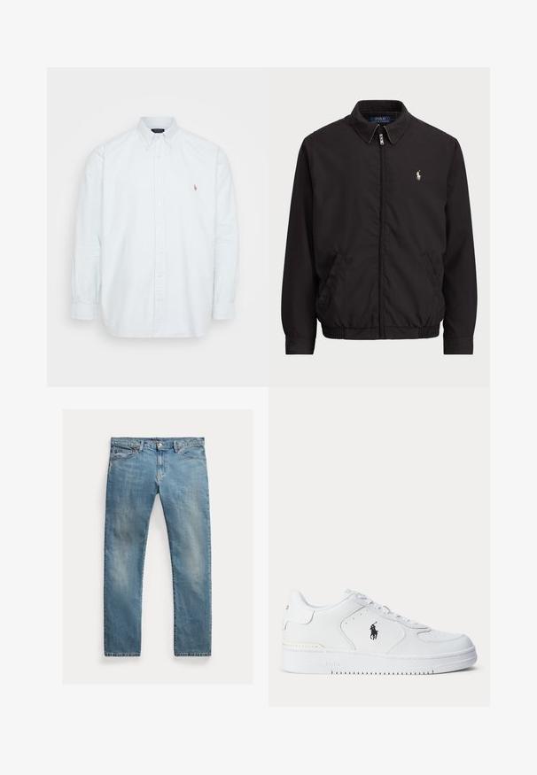 Svart zip-up jakke med klassisk krage, elastiske mansjetter og hem, med liten brodert logo på venstre brystlomme.; Langermet skjorte med knapper i lys blå og hvite striper, med klassisk krage og en liten brodert logo på venstre bryst.; Lyseblå denimjeans med rett snitt, glidelås med knapper, fem lommer, subtil falming og stikningsdetaljer.; Hvit sportsko med teksturert skinnoverdel, rund tå, flate lisser og en svart logo på siden. Gummisåle med mønster for grep.
