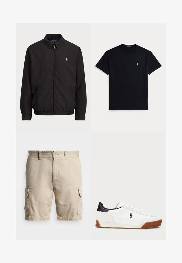 Melna aizdare uz rāvējslēdzēja jaka ar klasisku apkakli, elastīgiem piedurknēm un apakšmalu, ar mazu izšuvumu kreisajā krūšu kabatā.; Melnā kokvilnas T-krekls ar apaļu kakla izgriezumu, īsām piedurknēm un nelielu izšūtu logotipu kreisajā krūtīs. Gluda tekstūra.; Beige cargo šorti, izgatavoti no kokvilnas, ar vairākiem kabatām, pogu aizdari un izšūtu apdari gar jostasvietu un šuvēm.; Baltie sporta apavi ar zamšiem un ādas akcentiem, kas piedāvā tumši zilus papēžus, kontrastējošu brūnu gumijas zoli un izšūtu logo sānos.