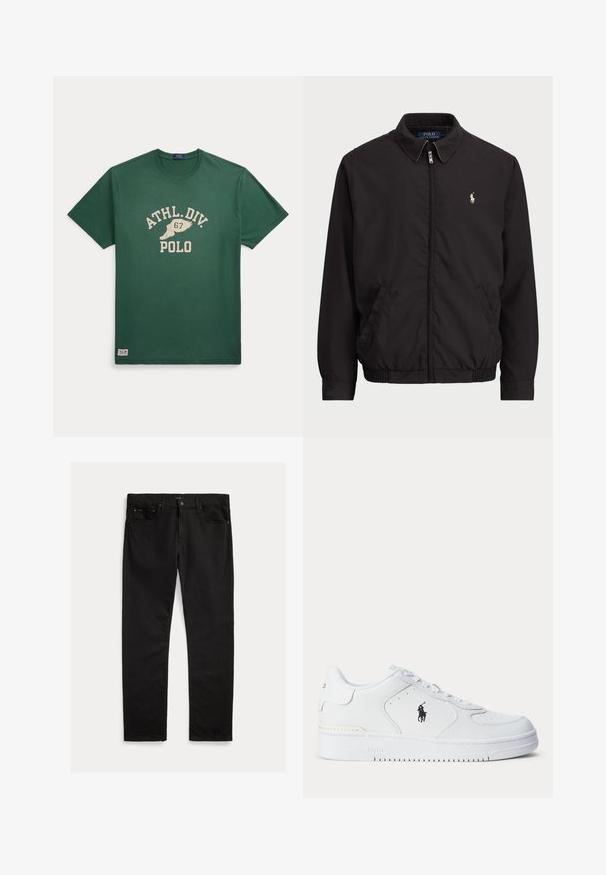Juodas zip-up džemperis su klasikiniu apykakle, elastingomis rankogaliais ir apačia, su mažuoju siuvinėtu logotipu kairiajame krūtinės kišenėje.; Žalia medvilninė marškinė su apvaliu kaklu, trumpomis rankovėmis ir spausdinta grafika, kurioje parašyta "ATHL.DIV. 67" ir "POLO" smėlio spalvos.; Juodi džinsai su tiesaus kirpimo kojos, penkių kišenių dizainu ir subtiliu tekstūru. Metalinė sagtys ir užtrauktuko atidarymo detalės.; Balti sportiniai batai su tekstūruota odine viršutine dalimi, apvalia nosimi, plokščia raištelių sistema ir juodu logotipu šone. Guminis padas su sukibimo raštu.