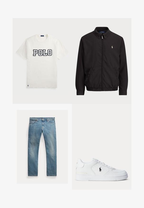 Must mustripael, klassikalise kraega, elastsete mansettide ja alläänega must jakk, millel on vasakul rinnataskul väike tikandlogoga. ; Valge puuvillane T-särk lühikeste varrukatega, mille esiküljel on tumesinise trükiga "POLO" ja all vasakul väike tumesinine logo.; Hele sinine teksapüksid sirge lõikega, nööbiliuguriga kinnitamine, viis taskut, peen kulumine ja õmbluse aktsendid.; Valge sportlik jalanõu tekstureeritud nahast pealiskihiga, ümmarguse ninaga, tasaste paeltega ja musta logoga küljes. Kummist tald haardemustriga.