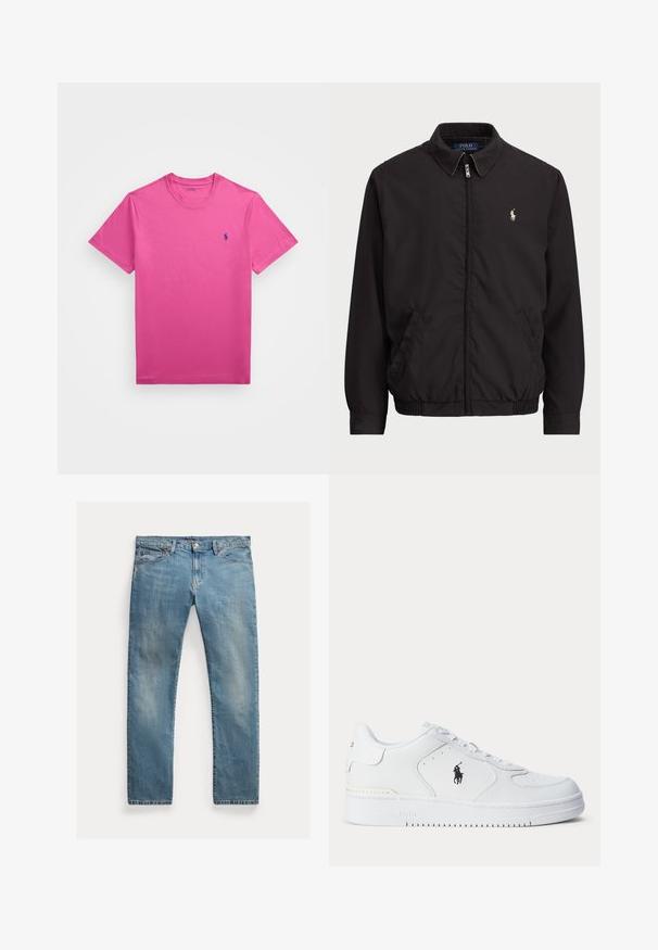 Černá zipová bunda s klasickým límcem, elastickými manžetami a lemem, s malým vyšitým logem na levé kapse.; Polo Ralph Lauren Big & Tall JERSEY CREWNECK T-SHIRT - Jednoduché tričko - peony; Světle modré džíny s rovnými nohavicemi, zapínání na knoflíky, pět kapes, jemné vyblednutí a akcenty šití.; Bílá sportovní obuv s texturovaným koženým svrškem, zaoblenou špičkou, plochými tkaničkami a černým logem na boku. Gumová podrážka s protiskluzovým vzorem.