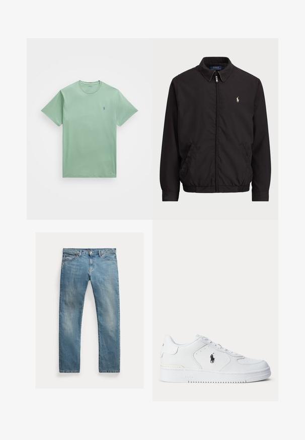 Černá zipová bunda s klasickým límcem, elastickými manžetami a lemem, s malým vyšitým logem na levé kapse.; Polo Ralph Lauren Big & Tall JERSEY CREWNECK T-SHIRT - Jednoduché tričko - faded mint; Světle modré džíny s rovnými nohavicemi, zapínání na knoflíky, pět kapes, jemné vyblednutí a akcenty šití.; Bílá sportovní obuv s texturovaným koženým svrškem, zaoblenou špičkou, plochými tkaničkami a černým logem na boku. Gumová podrážka s protiskluzovým vzorem.