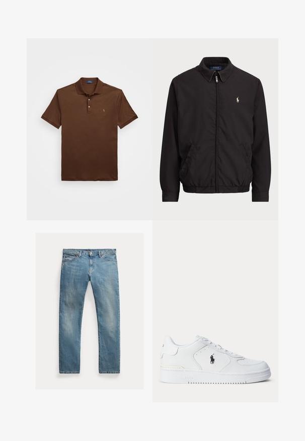 Czarna kurtka zapinana na zamek błyskawiczny z klasycznym kołnierzem, elastycznymi mankietami i dołem, z małym haftowanym logo na lewej kieszeni na klatce piersiowej.; Polo Ralph Lauren Big & Tall - Koszulka polo; Jasnoniebieskie dżinsy o prostym kroju, zapinane na guziki, z pięcioma kieszeniami, delikatnym wypłowieniem i przeszyciami.; Biały sportowy but z fakturowaną skórzaną cholewką, okrągłym noskiem, płaskimi sznurowadłami oraz czarnym logo po boku. Gumowa podeszwa z wzorem bieżnika.