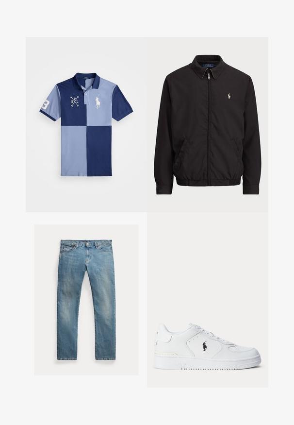 Juodas zip-up džemperis su klasikiniu apykakle, elastingomis rankogaliais ir apačia, su mažuoju siuvinėtu logotipu kairiajame krūtinės kišenėje.; T-maišas su trumpomis rankovėmis tamsiai mėlynos ir šviesiai mėlynos spalvų blokais, su siuvinėtais kryžminiais malletais, „3“ ant rankovės ir polo žaidėjo logotipu ant krūtinės.; Šviesiai mėlynos džinsinės kelnės su tiesia kirpimu, mygtukų užsegimu, penkiais kišenėmis, švelnia nublukimu ir siūlų akcentais.; Balti sportiniai batai su tekstūruota odine viršutine dalimi, apvalia nosimi, plokščia raištelių sistema ir juodu logotipu šone. Guminis padas su sukibimo raštu.