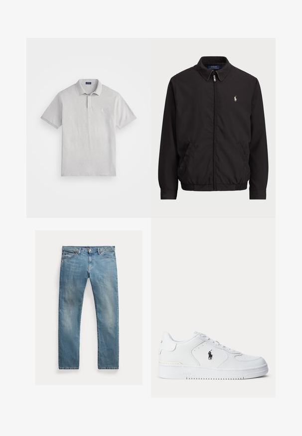 Fekete cipzáros dzseki klasszikus gallérral, elasztikus mandzsettákkal és alján, a bal mellzseben egy kis hímzett logóval.; Világosszürke pólóing, textúrált pamutból, klasszikus gallérral, két gombos nyakkal és egy kis hímzett logóval a mellen.; Világoskék farmernadrág egyenes szabásban, gombos záródással, öt zsebbel, enyhe kopással és varrási díszítésekkel.; Fehér sportcipő texturált bőr felsőrésszel, kerek orral, lapos fűzőkkel, és oldalt fekete logóval. Gumi talp tapadást biztosító mintázattal.
