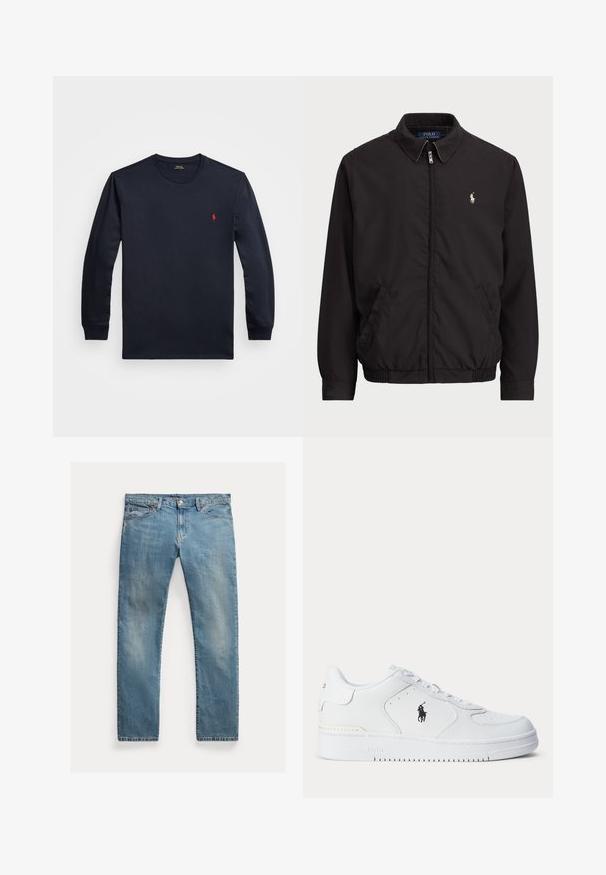 Juodas zip-up džemperis su klasikiniu apykakle, elastingomis rankogaliais ir apačia, su mažuoju siuvinėtu logotipu kairiajame krūtinės kišenėje.; Jūros pajėgų ilgos rankovės marškiniai, pagaminti iš medvilnės, su apvaliu kaklu ir maža raudona logo ant krūtinės. Šilkinis tekstūra, laisvas kirpimas.; Šviesiai mėlynos džinsinės kelnės su tiesia kirpimu, mygtukų užsegimu, penkiais kišenėmis, švelnia nublukimu ir siūlų akcentais.; Balti sportiniai batai su tekstūruota odine viršutine dalimi, apvalia nosimi, plokščia raištelių sistema ir juodu logotipu šone. Guminis padas su sukibimo raštu.