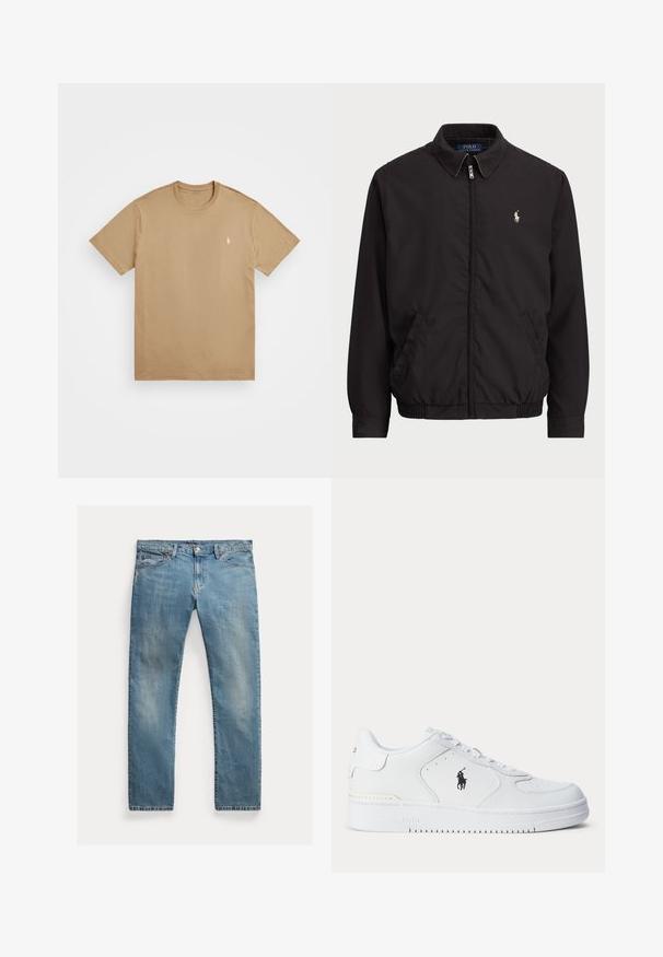 Černá zipová bunda s klasickým límcem, elastickými manžetami a lemem, s malým vyšitým logem na levé kapse.; Khaki bavlněné tričko s kulatým výstřihem a krátkými rukávy, s malým vyšitým logem na levém prsu. Hladká textura, základní design.; Světle modré džíny s rovnými nohavicemi, zapínání na knoflíky, pět kapes, jemné vyblednutí a akcenty šití.; Bílá sportovní obuv s texturovaným koženým svrškem, zaoblenou špičkou, plochými tkaničkami a černým logem na boku. Gumová podrážka s protiskluzovým vzorem.