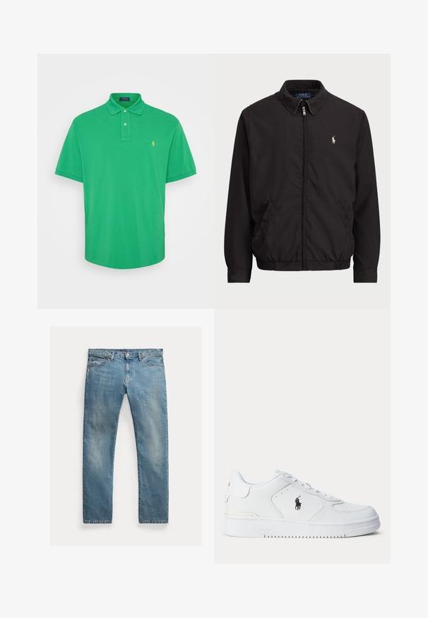 Crna zip-up jakna s klasičnom kragnom, elastičnim manžetama i donjim rubom, sa malim izvezenim logom na levoj strani džepa.; Polo Ralph Lauren Big & Tall THE ICONIC MESH POLO SHIRT - Polo majica - golf green; Svijetloplave traperice ravnog kroja, s dugmadi na zatvaranju, pet džepova, suptilnim izblijeđenjem i naglascima u šivanju.; Bijela sportska cipela s gornjim dijelom od teksturirane kože, okruglim vrhom, ravnim vezicama i crnim logotipom sa strane. Gumeni potplat s uzorkom za prianjanje.